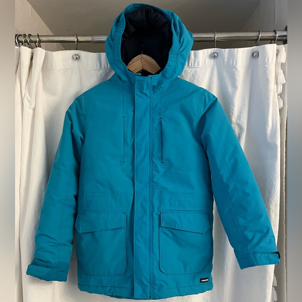 Teal and blue Lands End kids 3-in- 1 winter parka, size 10-12, medium